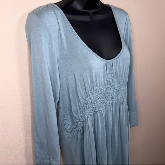 Large Kenar Blue Top 3/4 Sleeve Embroidered Accent Stretch Boho Bohemian - Picture 5 of 13